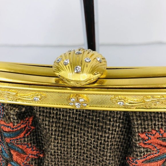 LouLou de la Falaise Brown and Red Embroidered Gold Frame Clutch Purse Bag - Picture 5 of 11
